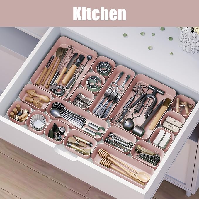 Drawer Organizers Bins 18 PCS for Bathroom Makeup Desk Office | with Non-slip Pads, 4 Sizes, Plastic Tray, Vanity Organizer, Kitchen Utensils Organizer