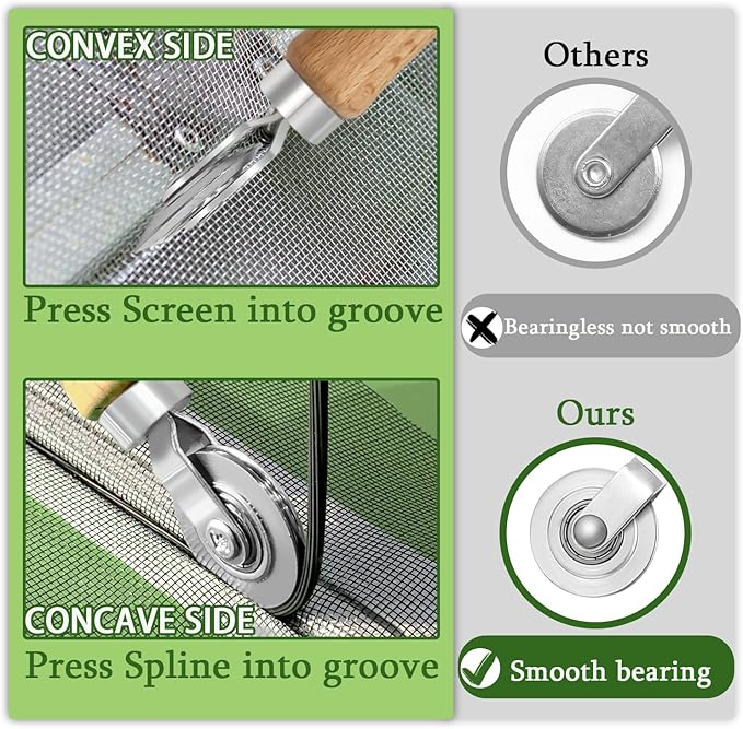 King&Charles Screen Repair Kit,Roller+0.14”x32ft Spline+Hook | 3in1-Bearing Steel Screen Roller Tool+Hook for Old Spline Removal+Hollow-Core Spline for Window Screens,Doors,Patio,RV Mesh