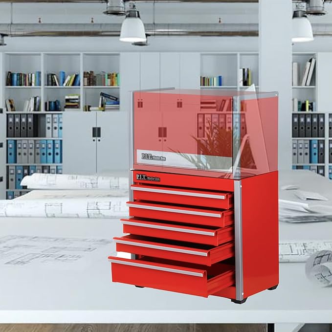 P.I.T. Mini Red Tool Box, Portable 5-Drawer Micro Roll Cab Steel Tool Box with Liner, Red Small Tool Case for Tools Storage, Home DIY