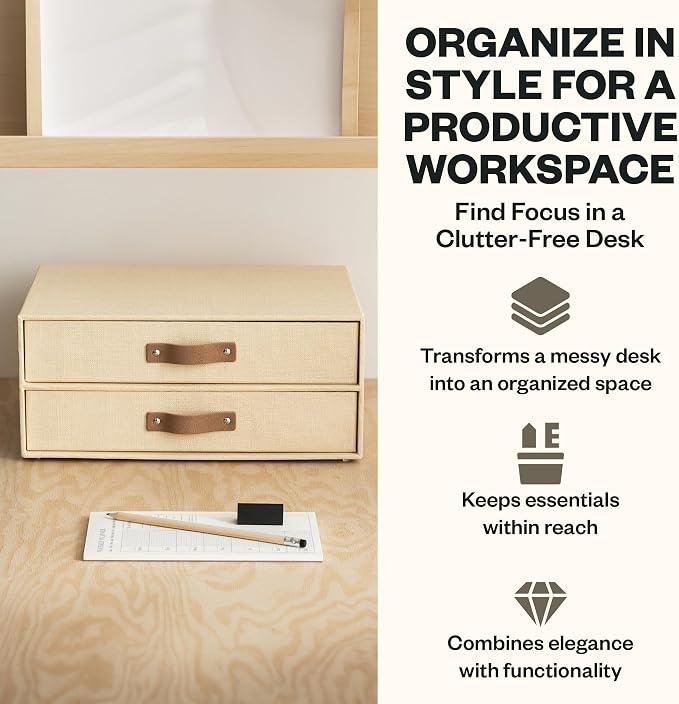 Bigso Birger 2 Drawers - Desktop Drawers for A4 and Letter Size Papers and Documents - Tabletop Drawers with Leather Handles - 13.1 in x 10 in x 5.7 in - Cream