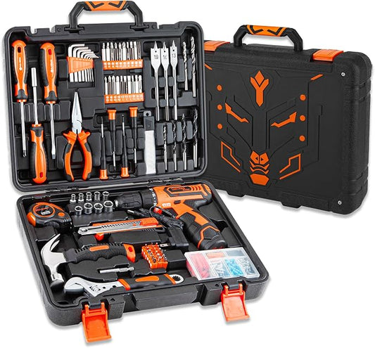 CARTMAN Orange 198-Piece 12V Cordless Drill Tool Combo Kit | Complete DIY repair tools for home, office & garden maintenance, professional household tool set with robot style storage box