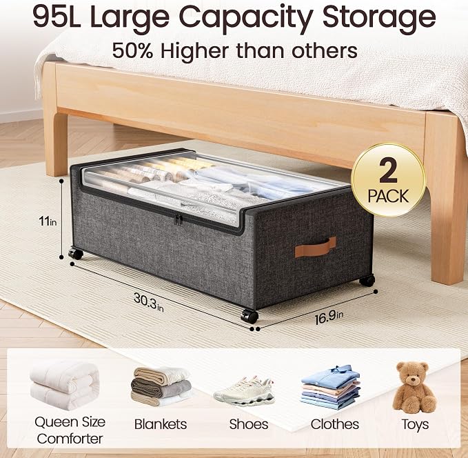 Yecaye 95 L Under Bed Storage with Wheels, 11 in Under Bed Storage Containers, Large Under Bed Shoe Storage with Lids, Rolling Underbed Storage bins for Clothes, Blankets, Gray