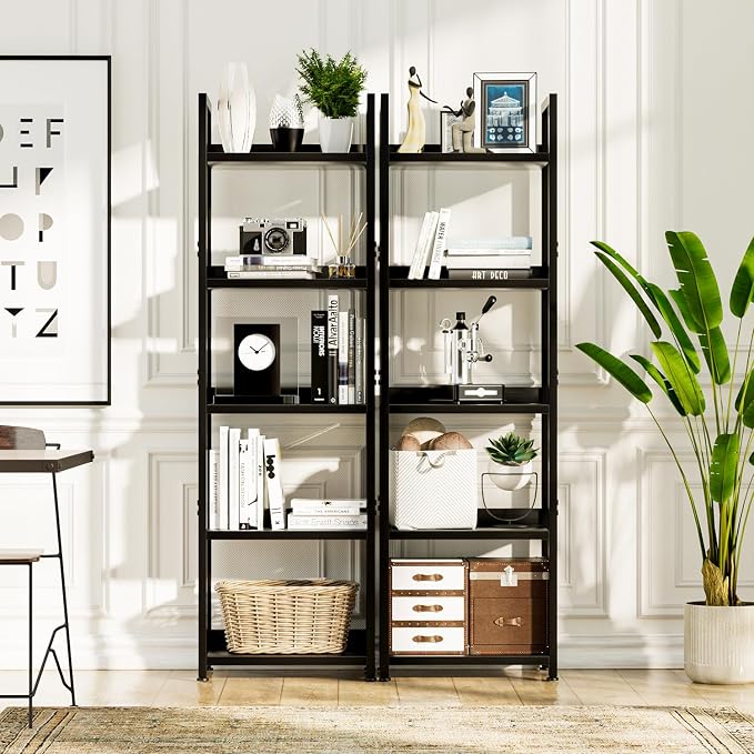 NUMENN Narrow Bookshelf, 5 Tier Bookshelves, Home Office Bookcase Shelf Storage Organizer, Free Standing Storage Shelving Unit for Bedroom, Living Room and Home Office, Black | Metal Frame & Wood Shelves, Falling Prevention Baffle, Open Storage Bookcas...