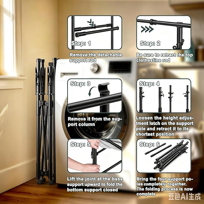 Foldable Collapsible Rolling Clothes Drying Rack,Adjustable Double Rods Laundry Airer(33.1–56.7"),Carbon Steel Pipe Standing Garment Rack for Indoor Outdoor Laundry Room (Black, B)