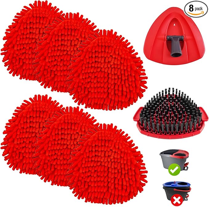 Chenille Duster Mop Head Compatible with O Cedar Easywring 1-Tank,Spin Mops Heads Replacements for Ocedar, Include 6 Pack Microfiber Chenille MOp Refills,1 Scrubber & 1 Mops Base(Not Include Bucket)