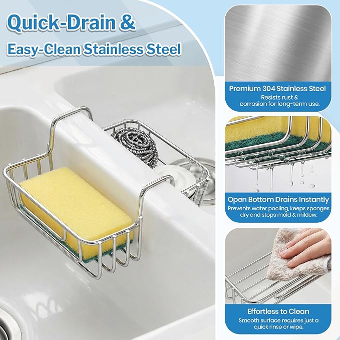 2 Pack Stainless Steel Sponge Holder for Kitchen Sink, Double Kitchen Sink Caddy Saddle for Sponge, Scrubber & Dish Cloth, Rustproof Hanging Organizer for Double Basin, Top Width 1.93"