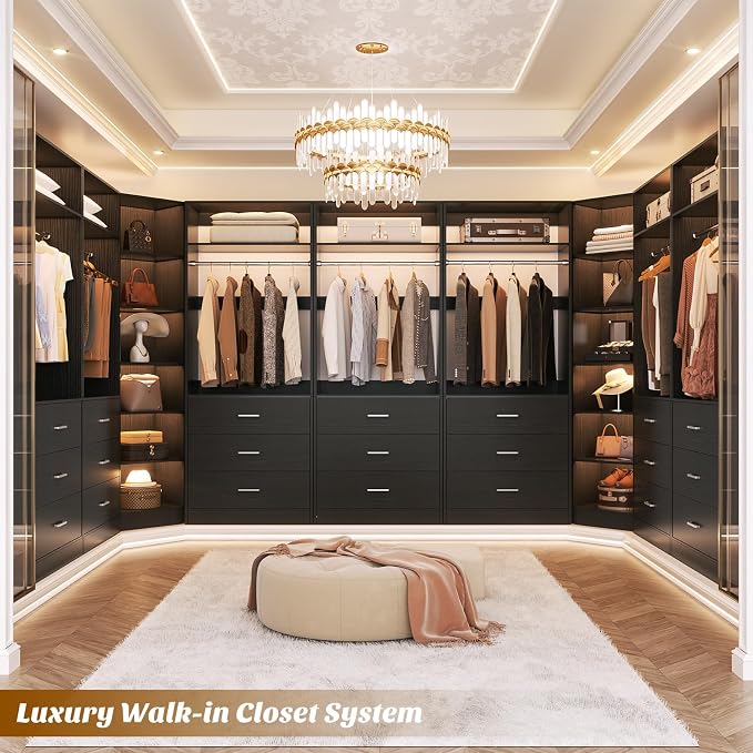 Besiost Closet System with 6 Drawers & 10 Shelves, Corner Closet Organizer System, Reversible Walk-in Closets, (L-Shaped 31.5" L * 31.5" W / I-Shaped 62.9" L * 15" W), Load 1500+LBS, Black