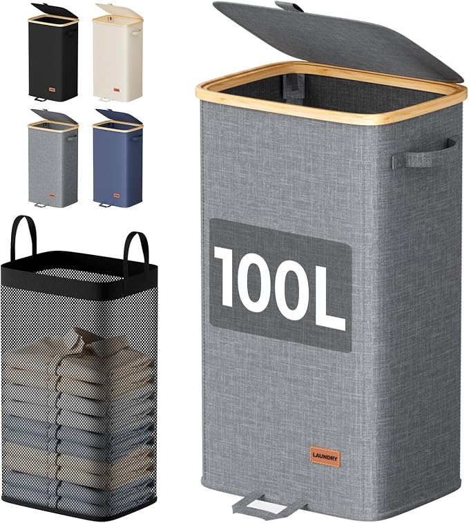100L Laundry Hamper with Lid, Tall Dirty Clothes Hamper, Grey | Elegant bamboo appearance, Foot Loop, Removable Bag Easy to Lift and Carry, Bathroom, Bedroom, Laundry Room, Dorm