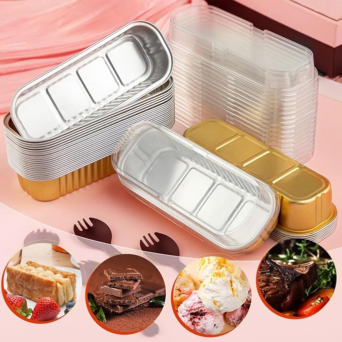 60Pcs Mini Loaf Pans with Lids and Spoons, Aluminum Foil Baking Pans, Rectangle Mini Cake Pan, Brownie Baking Cups for Picnics Party (Gold)