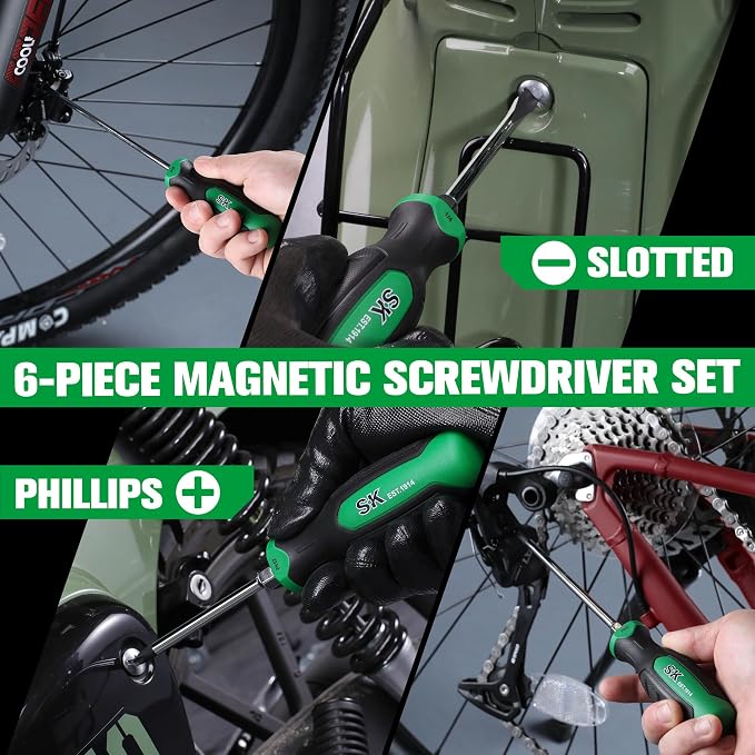 SK 6-Piece Magnetic Screwdriver Set, 3 Slotted & 3 Phillips Screwdrivers | S2 Steel, Heat-Treated Chrome Plating Shaft, Black Oxide Tip, SureGrip Handle