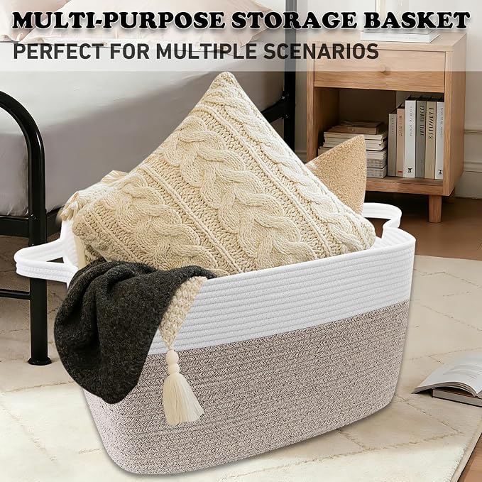 96L Laundry Basket with Handles, Extra Blanket Basket, White/Brown | 24"×16"×15" Collapsible Cotton Rope Storage Basket for Toys Clothes & Pillows, Nursery, Bathroom, Bedroom, Living Room