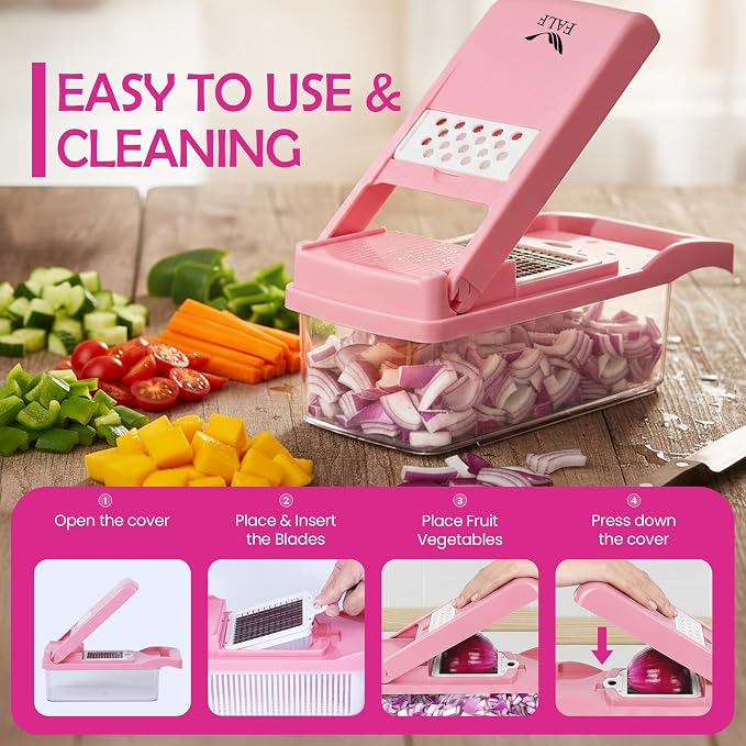 16-in-1 Vegetable Chopper & Mandoline Slicer with Container, Food Chopper, Onion Dicer, Cheese Grater, Vegetable Cutter for Potato, Carrot, Cucumber, Garlic, Meal Prep, Pink