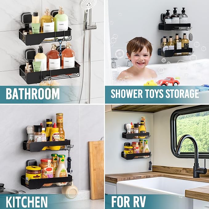 TAILI Shower Caddy Suction Cup Stainless Steel Rustproof Shower Shelves, No Drilling Wall Mounted Basket, Upgraded Removable Suction Cup Bathroom,Black 2pack