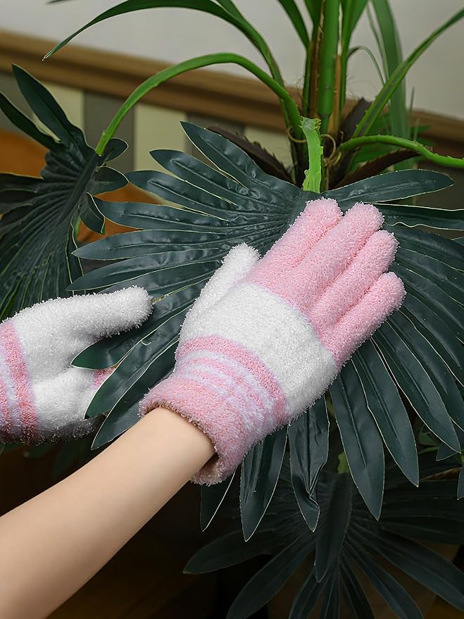 Patelai 3 Pairs Microfiber Plant Dusting Gloves Leaf Cleaning Gloves for Indoor Plants, Blinds, Furniture, House (White,Pink,Yellow,Rose Red,Medium)