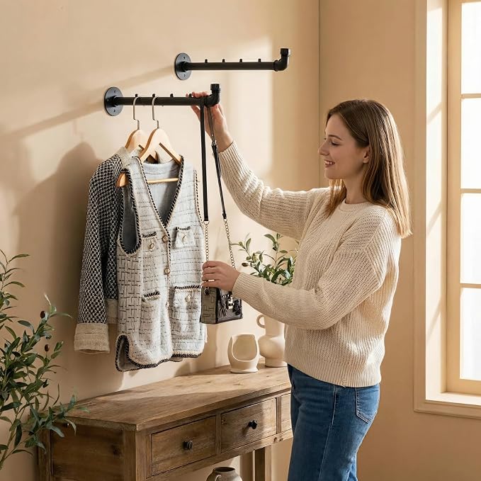 Industrial Wall Pipe Clothes Bar, Hanging Clothing Rack, Garment Rack | Heavy Duty Metal Coat Hanger with Hook, Clothing Hanging Rod/Rail/Organizer for Closet Home Bedroom Retailer Laundry, 2Pcs