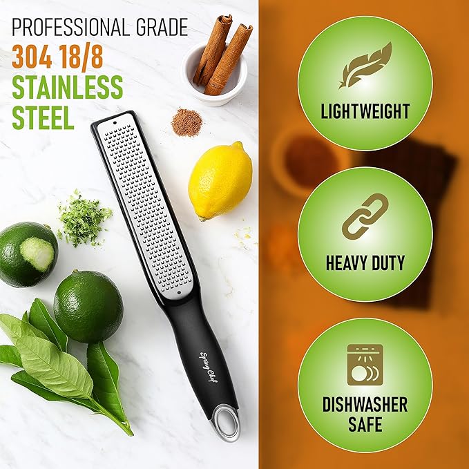 Spring Chef Premium Lemon Zester Grater with Handle - Fruits, Garlic, Chocolate, Nutmeg, Ginger Grater - Heavy Duty Kitchen Tool - Stainless Steel Citrus Zester with Blade Cover - Fine Shred, Black