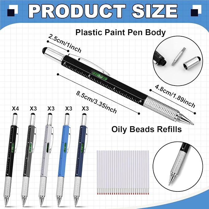 Zhanmai 16 Pcs 6 in 1 Multitool Pen Bulk Gift for Men Multi Tool Pen with Ruler Level Screwdriver Stylus Cool 40 Ink Refill Tool Gadget Birthday Christmas Stocking Stuffers (Black Gray Silver Blue)
