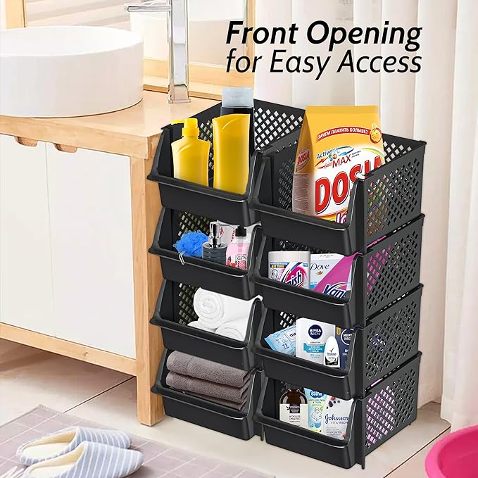 Skywin Stackable Storage Bins Open Front for Pantry Storage, 4 Pack - Black | Sturdy Plastic, Easy Stacking, Open Front Access, Ventilated Sides, Vertical & Space Saving Pantry Organizers and Storage Bin