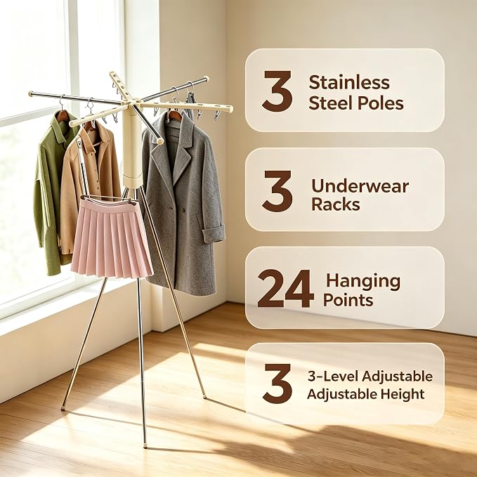Foldable Tripod Clothes Drying Rack - 6 Clothes Arms & 12 Underwear Clips & 12 Hanging Points & Stainless Steel Legs/Clothes Rods, Portable Clothing Airer for Suitcase RV Balcony Camping