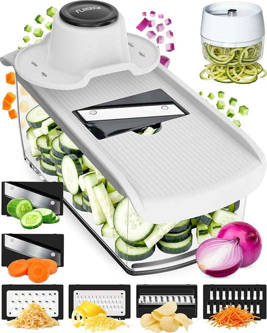 Fullstar Mandoline Slicer for Kitchen, Fruit Cutter, Cheese Grater, Cucumber Slicer, Julienne Peeler, Food Cutter & Kitchen Gadgets & Gifts with Safety Glove (9 in 1, White)
