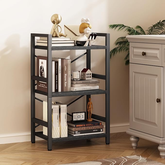 Homeiju Bookshelf, 3 Tier Industrial Bookcase, Metal Small Bookcase, Rustic Etagere Book Shelf Storage Organizer for Living Room, Bedroom, and Home Office(Black) Patent Pending D29873033