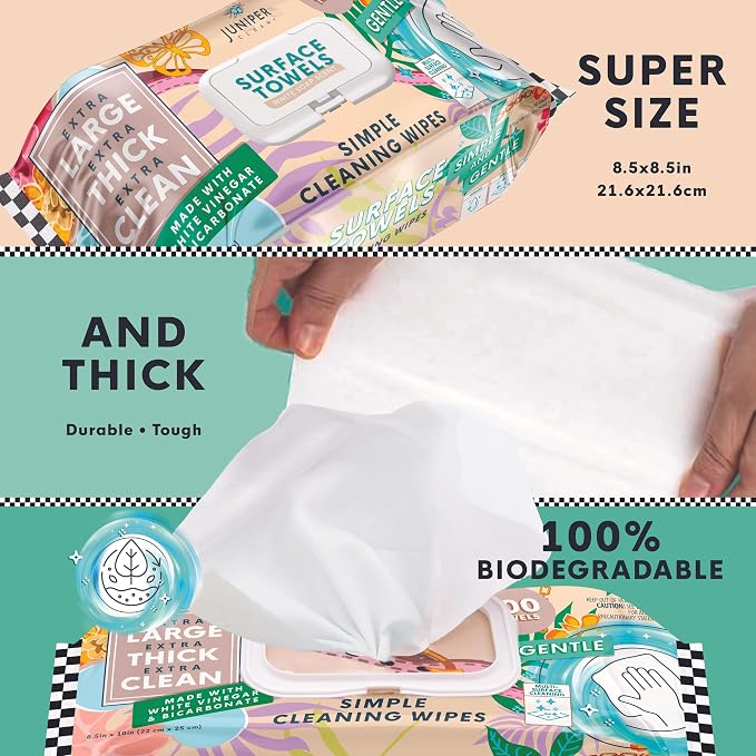 Juniper CLEAN 6 Packs Surface Cleaning Wipes, Thick & Large Dispose, All-Purpose Cleaner for Bathroom, Kitchen, Office, 600 Count Soft Flow, Biodegradable, White Soap Scent