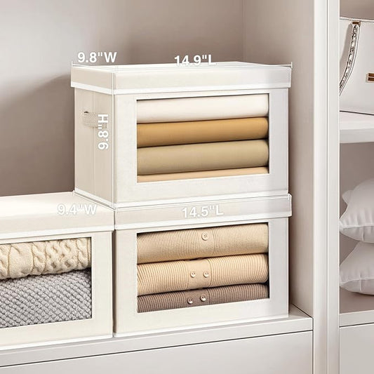 Homsorout Fabric Storage Bins with Lids, Decorative Storage Boxes, Closet Storage Bins with Window, Storage Baskets for Closet, Closet Organizers for Towel, Clothes, Beige, 4-Pack