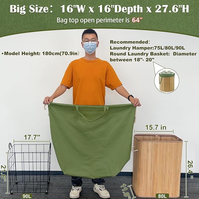 Canvas Laundry Bags with Handles & Square Base 16"Wx16"D x27.6"H, ArmyGreen | Extra Large Heavy Duty Laundry Basket Hamper Liner, Washable Drawstring Dirty Clothes Bag Canvas Storage Sack