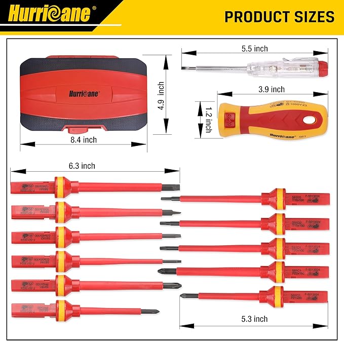 HURRICANE 1000V Insulated Electrician Screwdriver Set, 13 Piece Professional Electrical Screwdriver Set, CR-V Steel Magnetic Phillips Slotted Pozidriv Torx, Insulation VDE & GS Certified Screwdriver