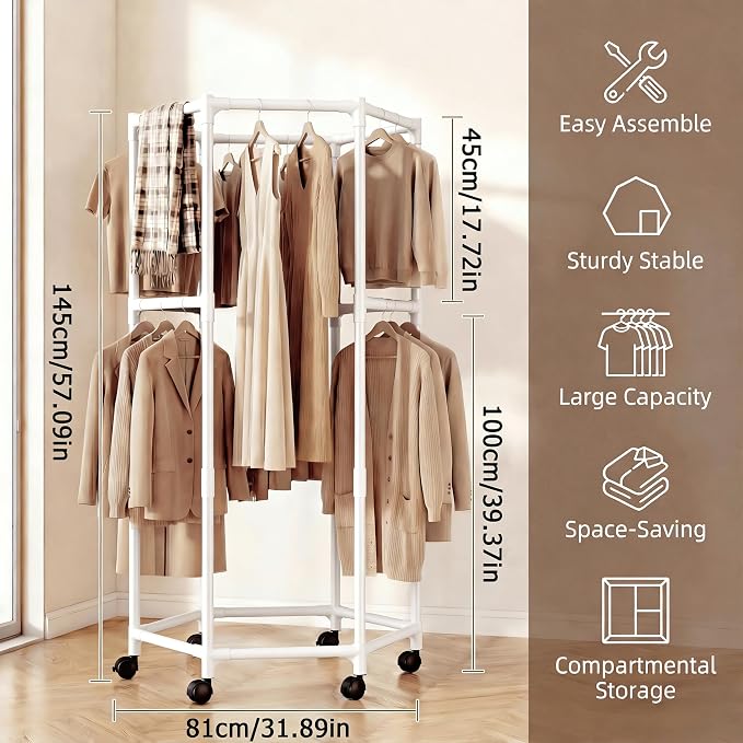 360° Rotating Hexagonal Clothes Hanger With Wheels, Space-Saving Freestanding Floor With Double Layer Hanging Bars, Multi-Compartment Floor-Standing Clothes Rack (Upgrade-White)