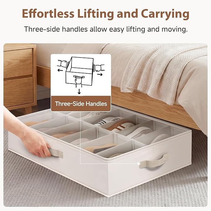 StorageWorks Underbed Shoe Storage Organizer, Fits up to 24 Pairs, Ivory | Cottlyn Fabric, Adjustable Dividers, 5.25" Height, Fits 6-inch+ Clearance, Clear Top, Soft Handles, For Closet, Bedroom