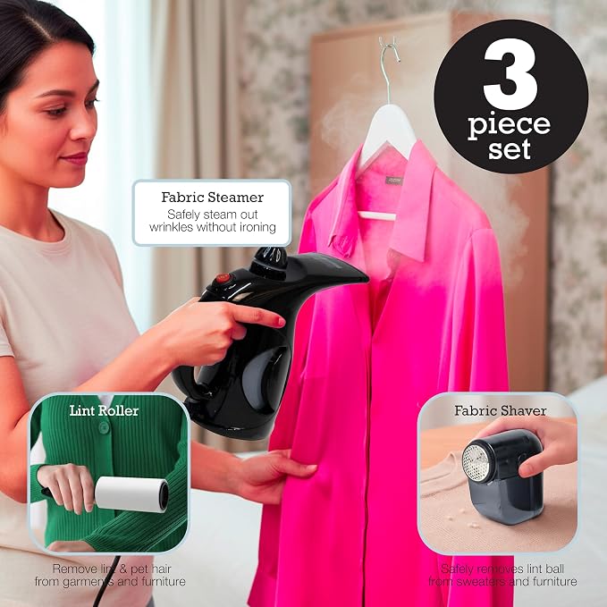 Inspired Living Fabric Care Kit – 3-Piece Garment Care Set with Handheld Steamer, Lint Roller & Fabric Shaver/Defuzzer – Portable Wrinkle Remover & Clothing Refresh Kit – Black