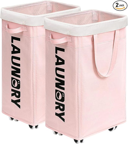 CHICVITA 75L Laundry Hamper with Wheels 2-Pack, Wash Bags, Pink | Collapsible rolling baskets with carry handles for corner dorm rooms. Removable wash bags, easy clean
