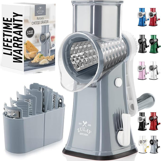 Zulay Kitchen Rotary Cheese Grater 5 Blade Cheese Shredder - Manual Hand Crank Cheese Grater With Reinforced Suction & 5 Interchangeable Drums - Easy to Use, Vegetable Chopper Round Mandoline Slicer