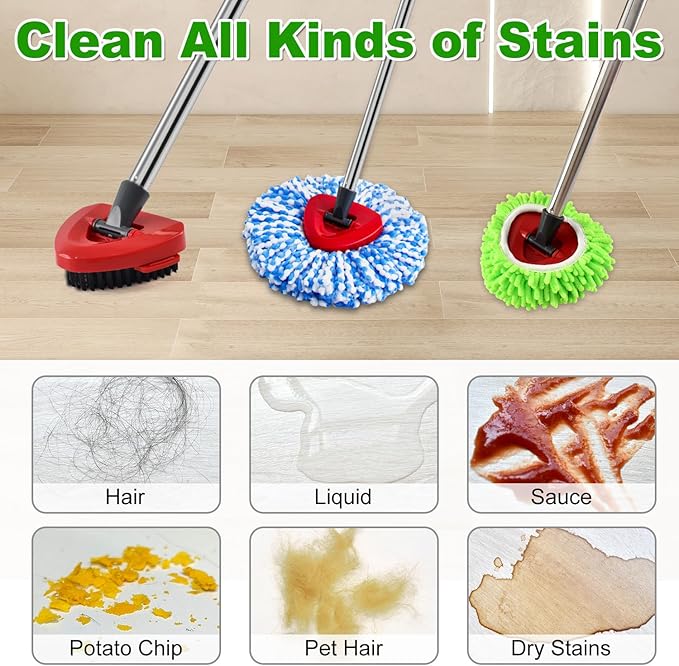 Mop Heads Replacements for Ocedar Easywring RinseClean 2 Tank Spin Mop Replace Heads for O Cedar 2 Tank Spin Mopping Sets Including 4 Pack Refills, 1 Pack Scrub Brush and 1 Base for All Floors Clean