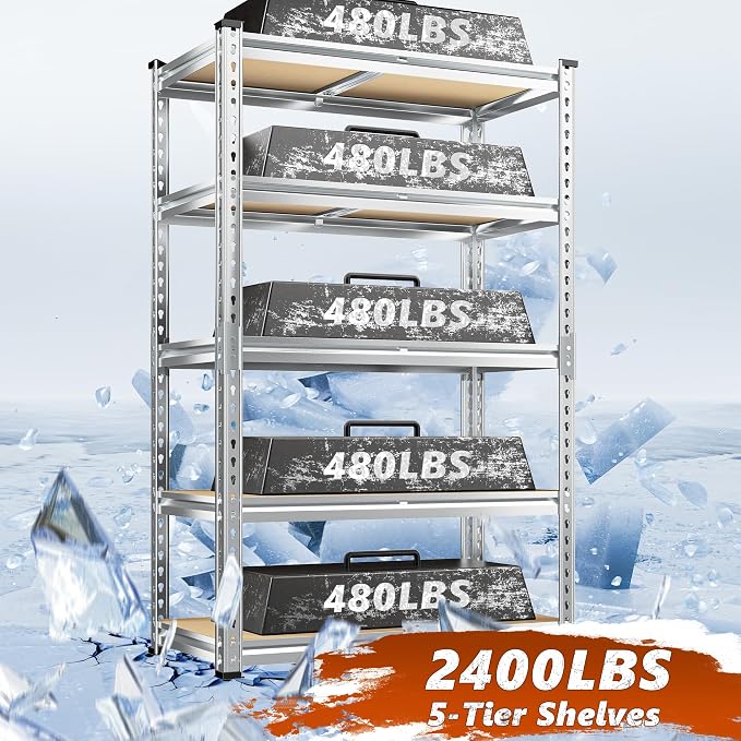 REIBII 5 Tier Garage Shelving for Pantry Garage, Adjustable Storage Shelves | 35.5" W x 11.9" D x 72" H, Holds 2400 Lbs, Silver, 5 Reinforcing Ribs, Steel Frame with Powder Coat, Freestanding