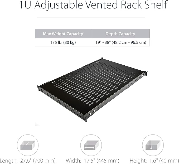 StarTech 1U Adjustable Vented Rack Shelf, 19in, 175lb, TAA (ADJSHELF) | 19.5-38in adjustable mounting depth, 27.5in deep universal tray, SPCC steel, Maximizes airflow