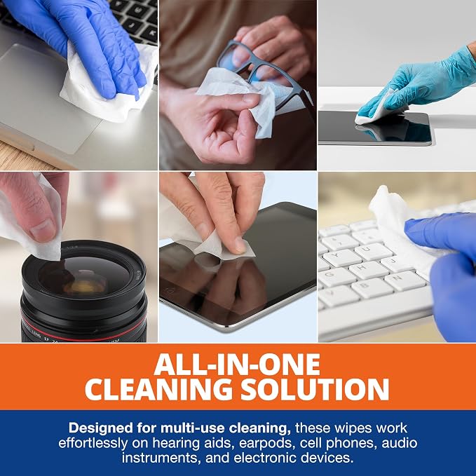 Hearing Aid Cleaning Wipes - 100 Individually Wrapped Pre-Moistened Alcohol-Free Wipes for Hearing Aids, Amplifiers, Earbuds, Audio & Electronics - Portable, Quick-Drying, Gentle, Daily Use & Travel