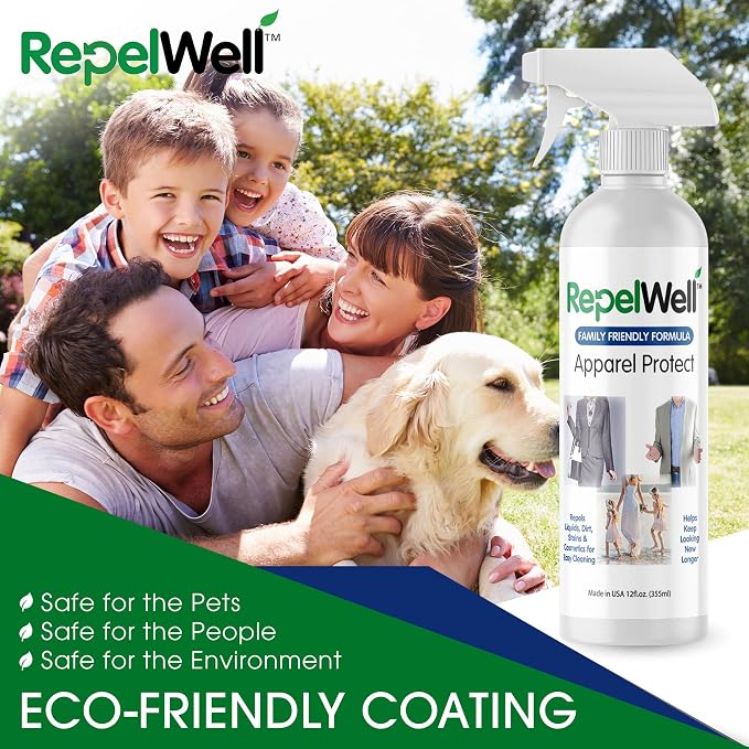 RepelWell Non Toxic Fabric Protector Spray for Clothing & Apparel, 12 oz | Repels water, spills, dirt and everyday stains from clothing and apparel.