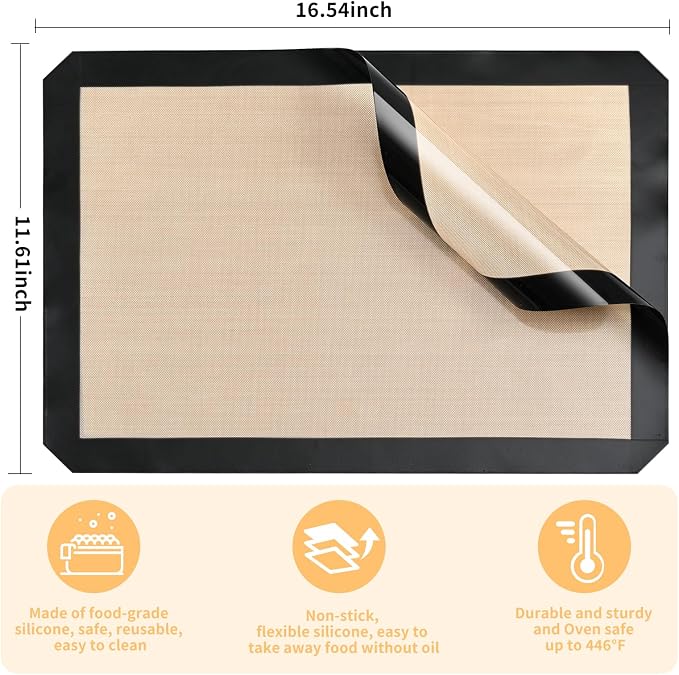 Luckyiren 2-Pack Silicone Baking Mats – Non-Stick Reusable Oven Liners for Half Sheet Pans (16.54" x 11.62"), BPA-Free Silicone, Easy to Clean, for Cookies, Roasted Veggies, Pizza & More