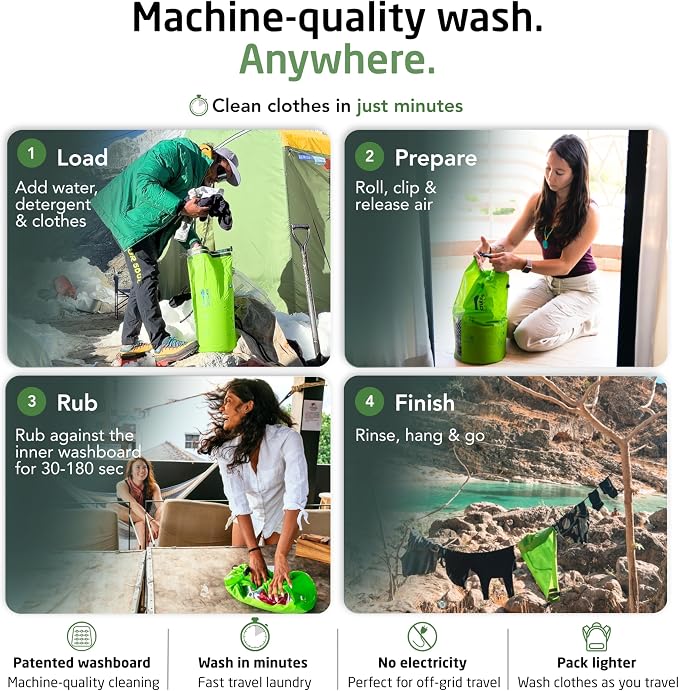 Scrubba Wash Bag Patented Washboard-in-a-Bag™ 5 oz Travel Clothes Washer | Pack Light, Wash Anywhere Fast, Internal Washboard, Machine-Quality Wash, Portable, No Electricity, Camping, RV, Cruises