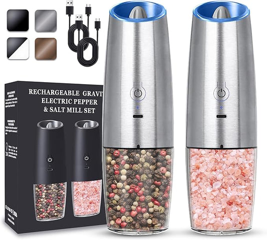 UNNEES Rechargeable Electric Salt and Pepper Grinder set of 2, gravity electric salt and pepper grinder set, Adjustable Roughness, LED Light, 2 Pack, (Silver)
