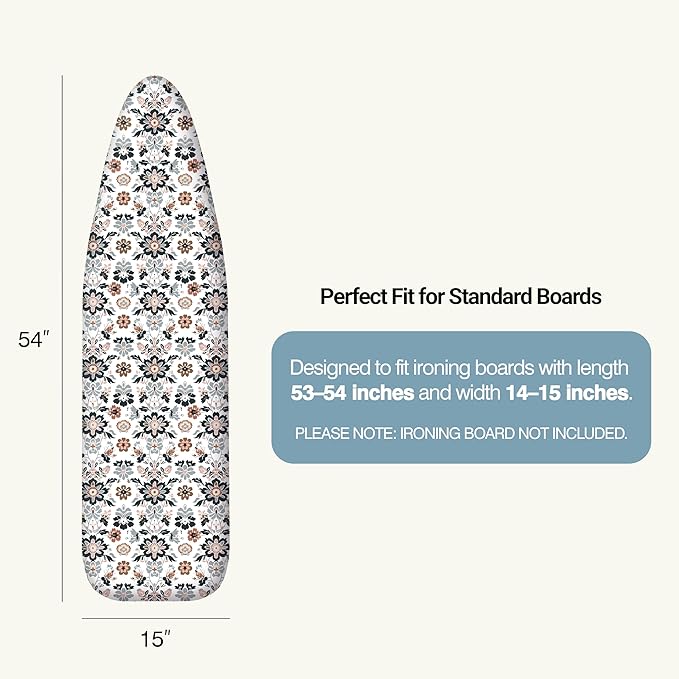 UniSimp Ironing Board Cover and Pad 15"x54" Extra Thick Natural Cotton, Scorch and Stain Resistant Padding, Standard Size Iron Board Cover with Fasteners Heavy Duty Elastic Edge, Heatproof Floral