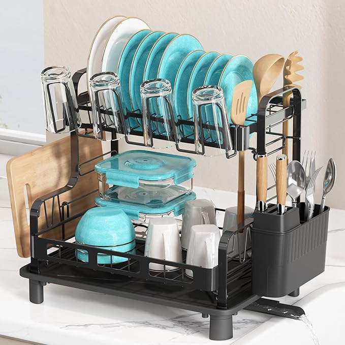 BOOSINY 2 Tier Dish Drying Racks for Kitchen Counter with Utensil Holder | Space Saving Black Stainless Steel Dish Drainer with Drainboard & Cups Holder for Small Space, Rust Proof, Auto Drain