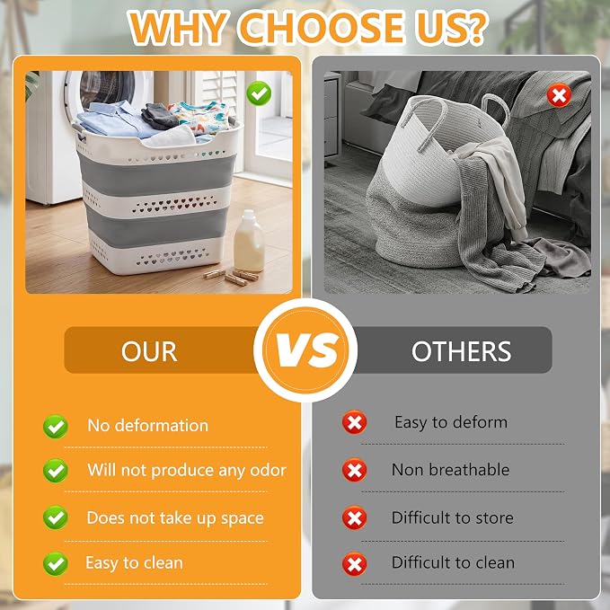 2 Pcs 42L Collapsible Laundry Baskets- Foldable Laundry Basket with Handles, Sturdy Plastic Pop Up Laundry Hamper, Space Saving Storage Container for Wet/Dry Use, Ideal for Home, Dorm, Apartment Grey