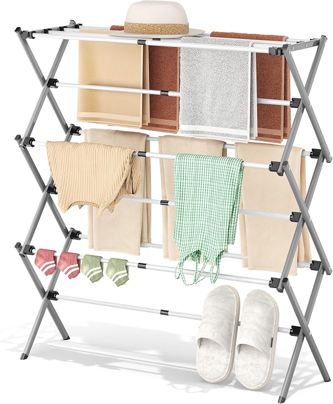 APEXCHASER 3-Tier Foldable Clothes Drying Rack, 37.6" H, Grey/White | Rust-resistant Metal, Tool-free Assembly, Extendable Drying Hanger, Fold Flat to Easy Storage, 11.8" D x 35" W, Holds 24lbs
