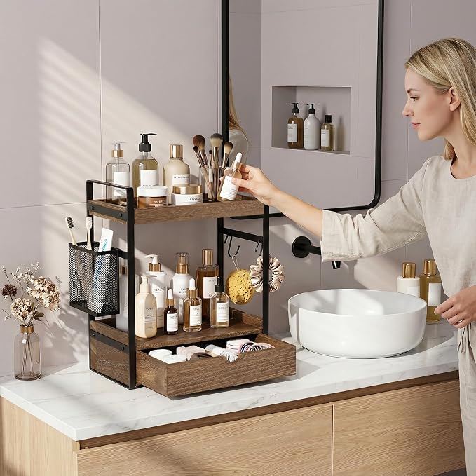 2-Tier Bathroom Counter Organizer with Drawer Basket and Hooks, Wood Bathroom Organizers and Storage for countertop, Farmhouse Dark Brown Countertop Organizer, Counter Shelf for Vanity Kitchen Office