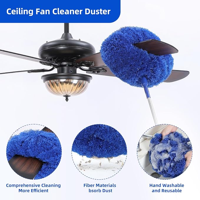 Microfiber Duster for High Ceiling Fan Blades, Cobweb with Extension Pole Adjusts 15-82 Inch, Reusable Cleaning Duster Kit with 3 Duster Heads for Wall Blinds Door Furniture Bookshelves (Blue)