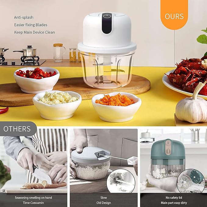 1.5 CUPS Electric Garlic Chopper,350ML Portable Veggie Chopper,Garlic Grinder Masher Onion Chopper, Blender to Vegetable, Cordless Food Processor for Ginger, Chili, Fruit, Meat, Spices, Beans, etc
