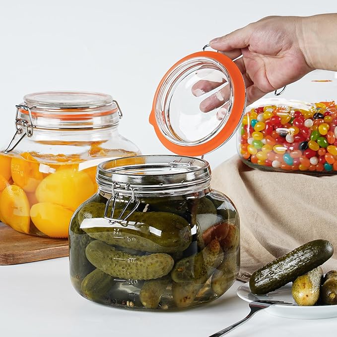 Large Glass Jars with Airtight Lid, 2 Pack Glass Food Storage Jars with 2 Scale Marks, Square Glass Canisters for Flour, Cereal, Coffee, Pasta, Cookies, Pickle, 0.6 Gallon Wide Mouth Mason Jars